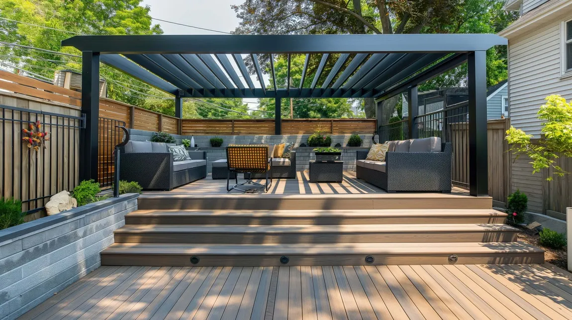 Modern backyard patio with pergola, steps, and outdoor seating surrounded by greenery