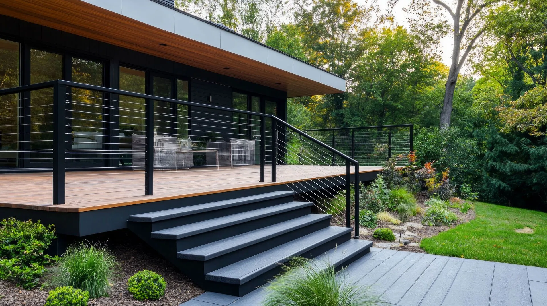 Modern house deck with black railings, steps, and a landscaped garden beside a green lawn